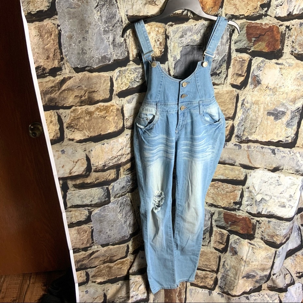 No Boundaries Faded Ripped Jean Overalls Jrs 9